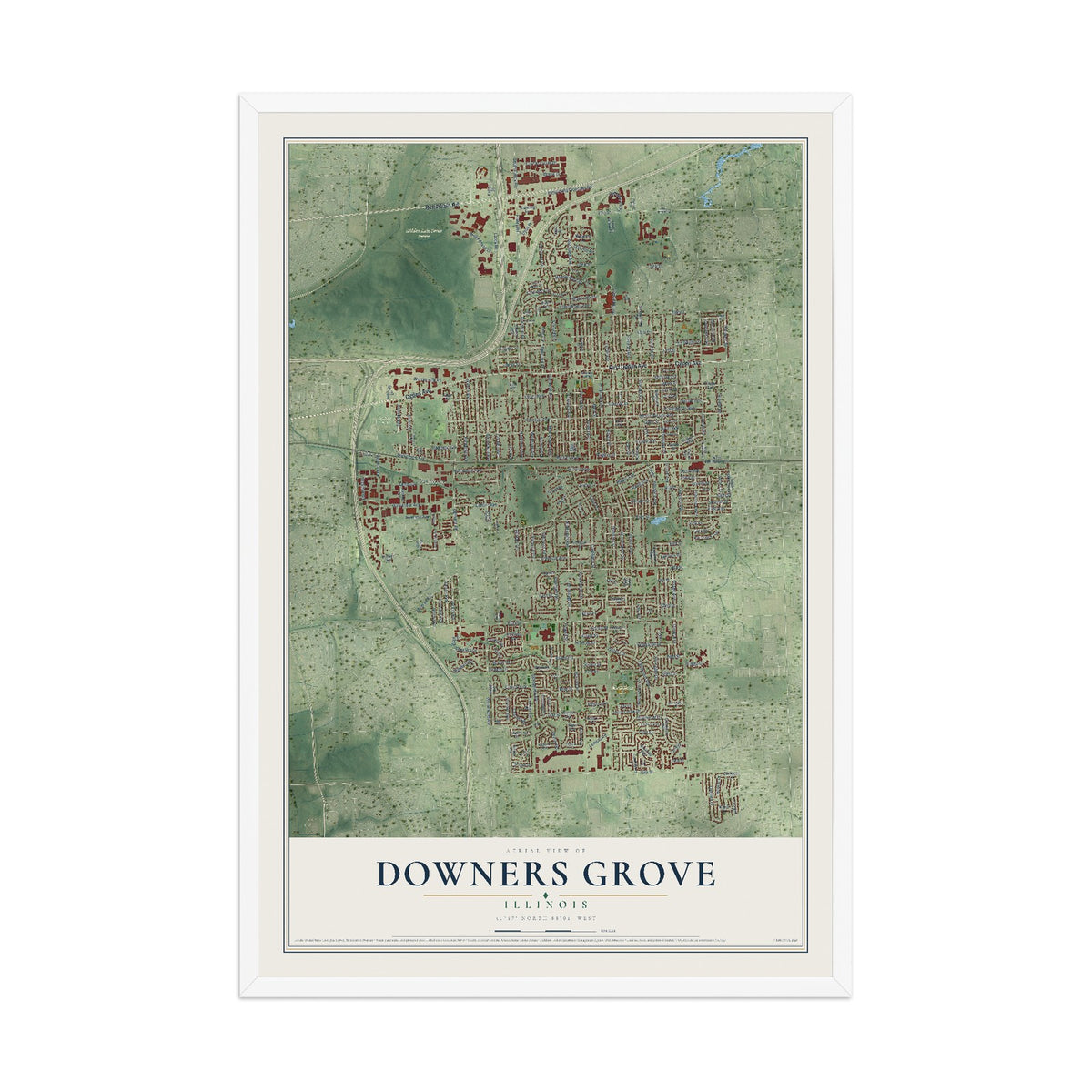 Map of Downers Grove, Illinois, 12 x 18 inch print in a white wood frame
