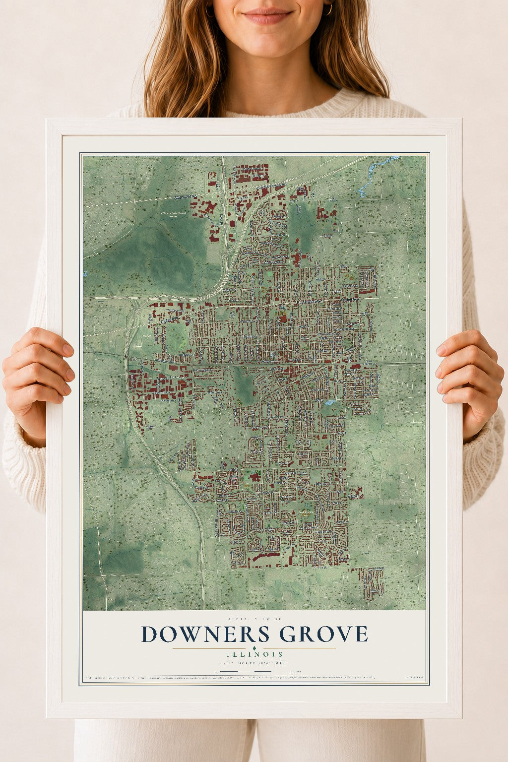Map of Downers Grove, Illinois, 18 x 24 inch print in a white wood frame