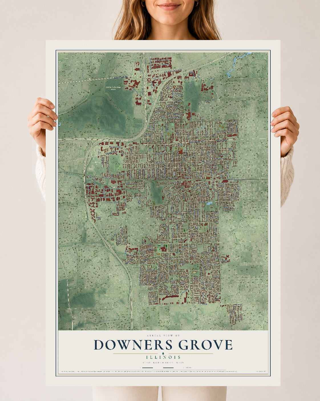 Map of Downers Grove, Illinois, 24 x 36 inch unframed archival matte print
