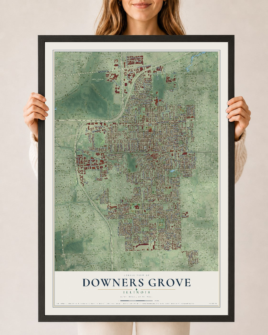 Map of Downers Grove, Illinois, 24 x 36 inch print in a black wood frame