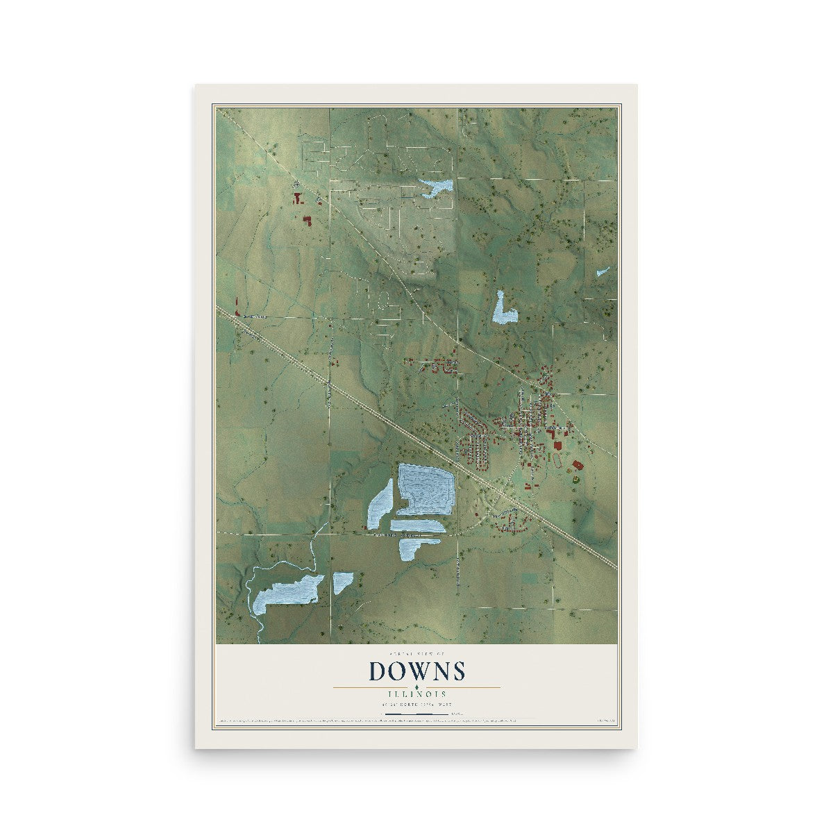 Map of Downs, Illinois, 12 x 18 inch unframed archival matte print