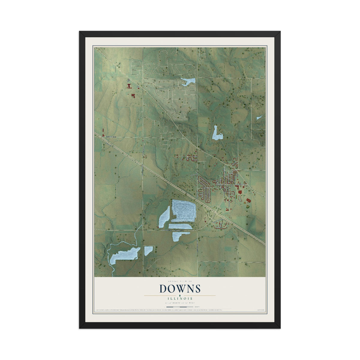 Map of Downs, Illinois, 12 x 18 inch print in a black wood frame