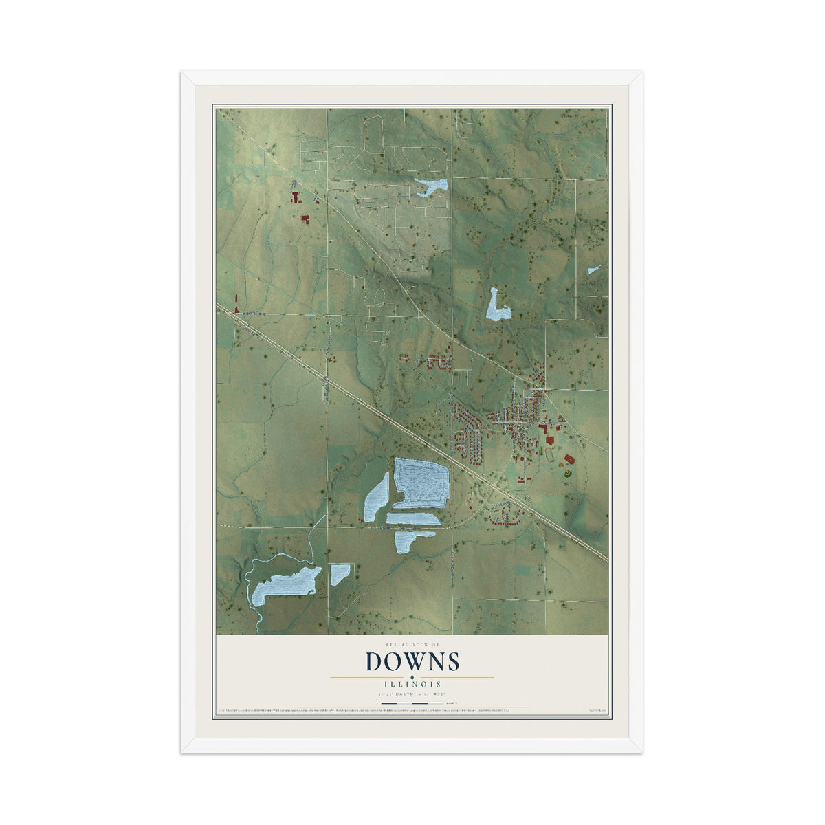 Map of Downs, Illinois, 12 x 18 inch print in a white wood frame