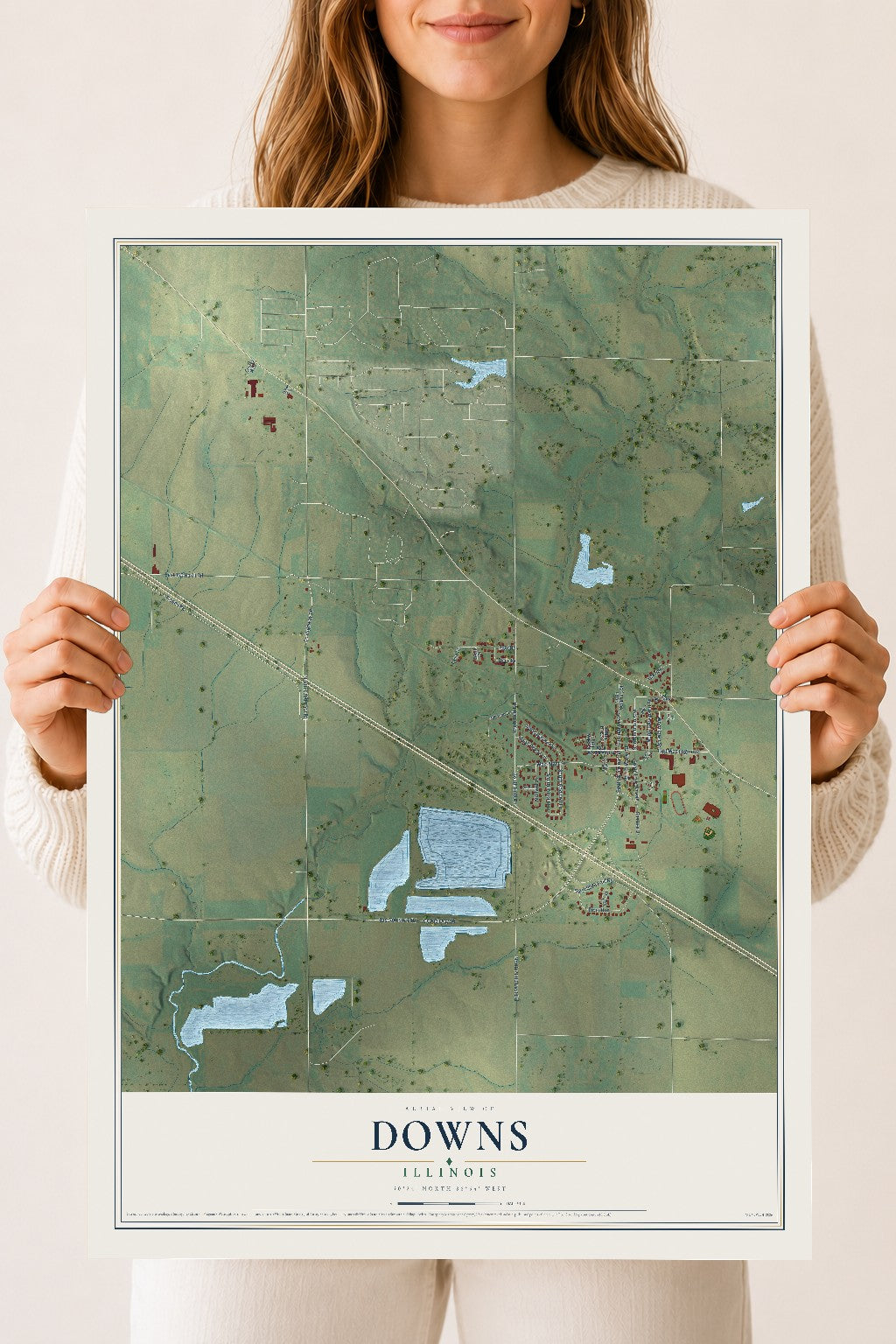 Map of Downs, Illinois, 18 x 24 inch unframed archival matte print