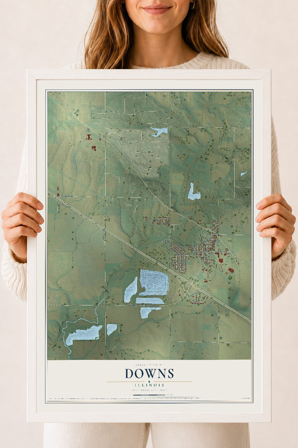Map of Downs, Illinois, 18 x 24 inch print in a white wood frame