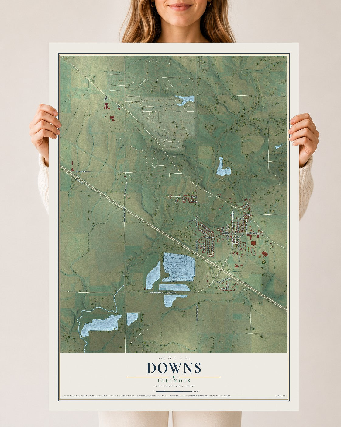 Map of Downs, Illinois, 24 x 36 inch unframed archival matte print