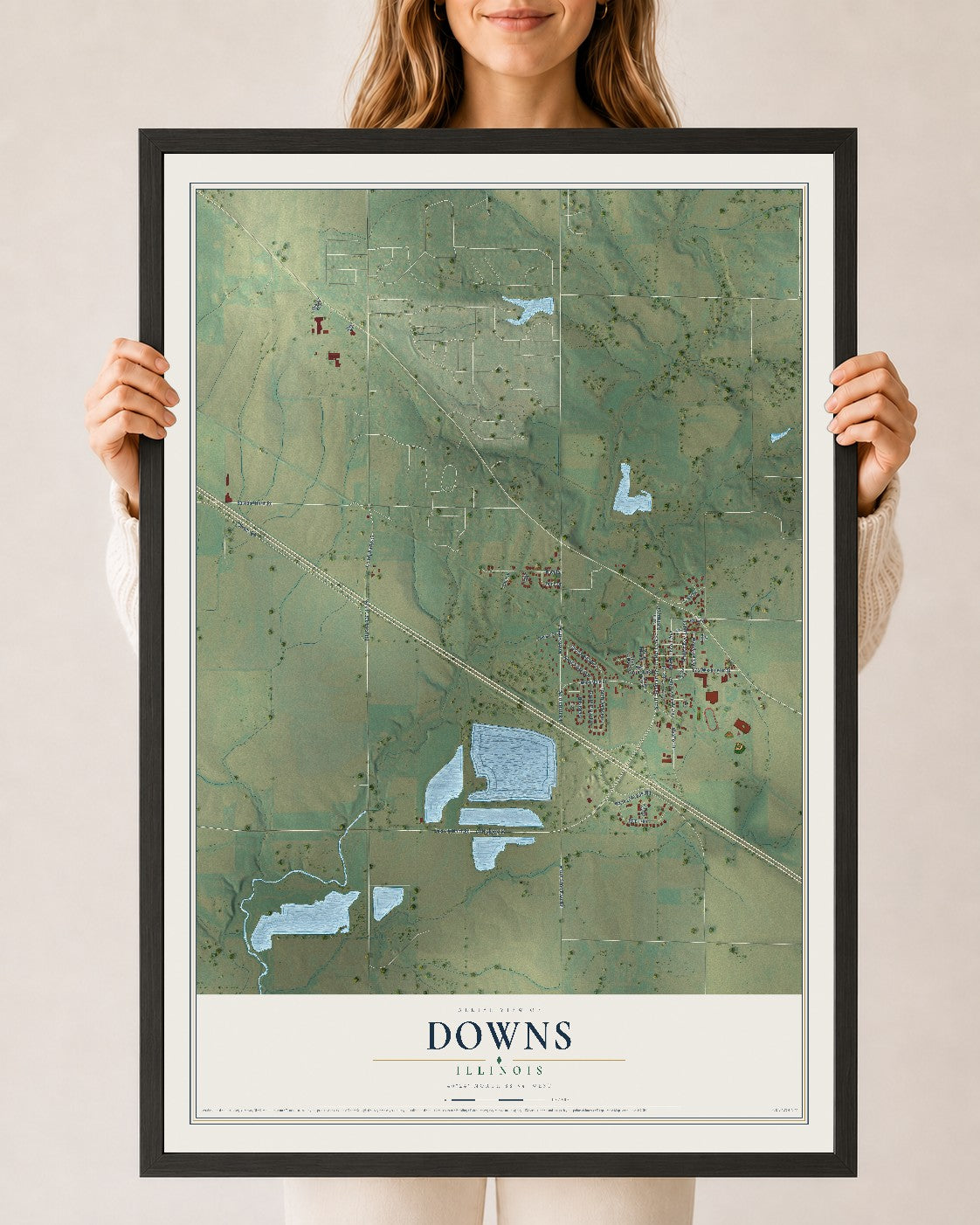 Map of Downs, Illinois, 24 x 36 inch print in a black wood frame