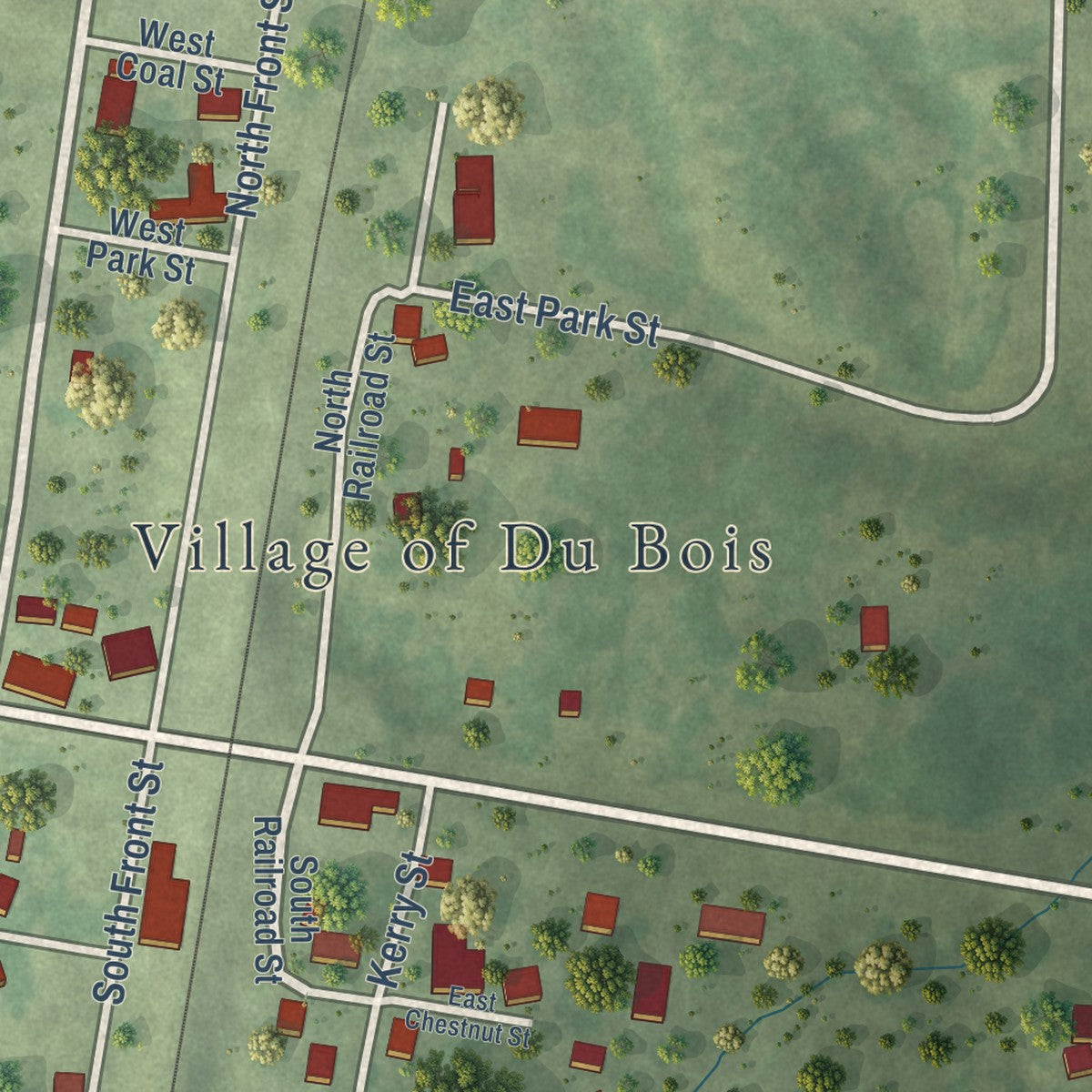 Close-up of the map of Du Bois, Illinois print showing street and building detail