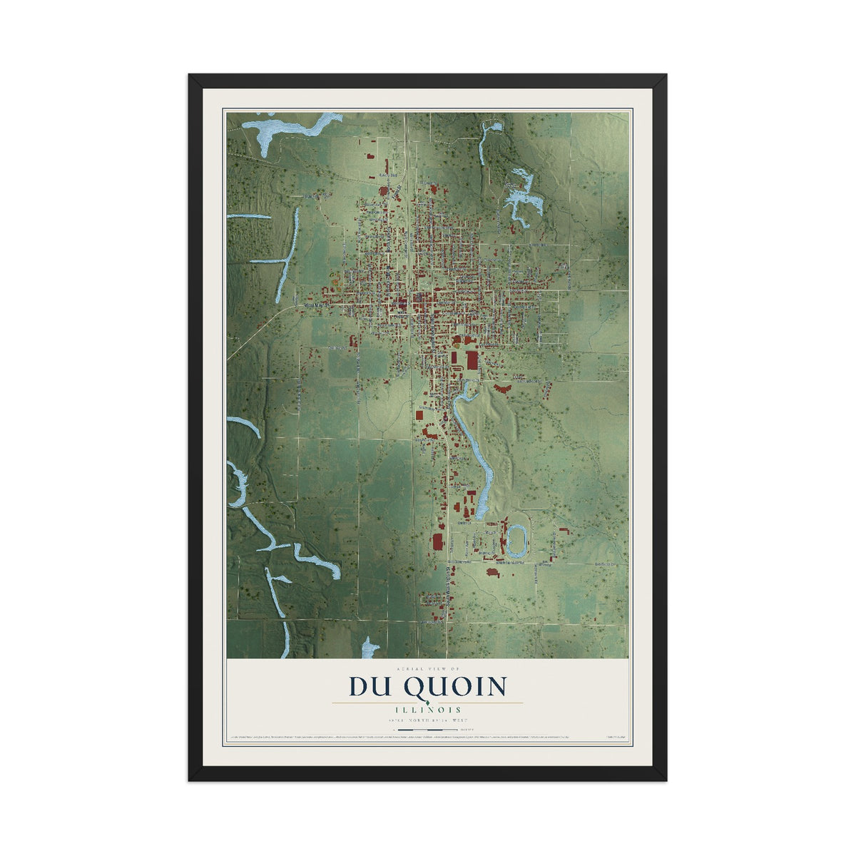 Map of Du Quoin, Illinois, 12 x 18 inch print in a black wood frame