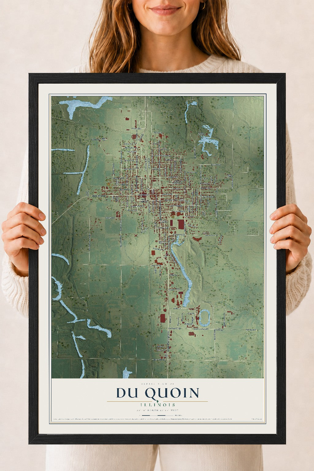 Map of Du Quoin, Illinois, 18 x 24 inch print in a black wood frame