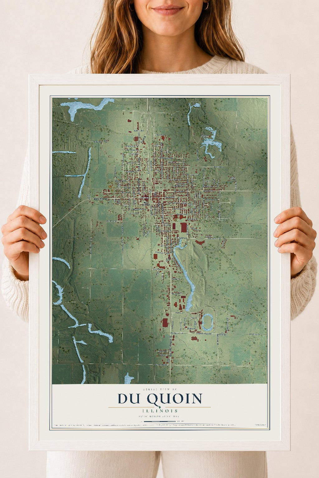 Map of Du Quoin, Illinois, 18 x 24 inch print in a white wood frame