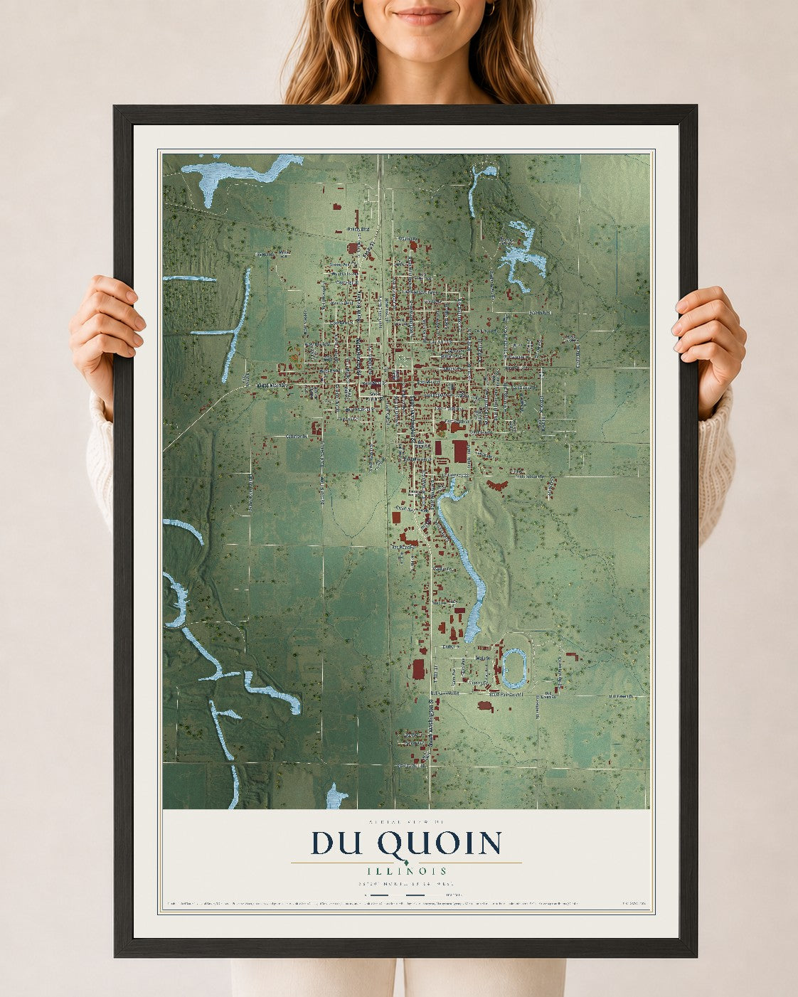 Map of Du Quoin, Illinois, 24 x 36 inch print in a black wood frame