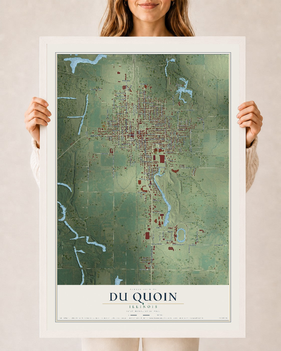 Map of Du Quoin, Illinois, 24 x 36 inch print in a white wood frame