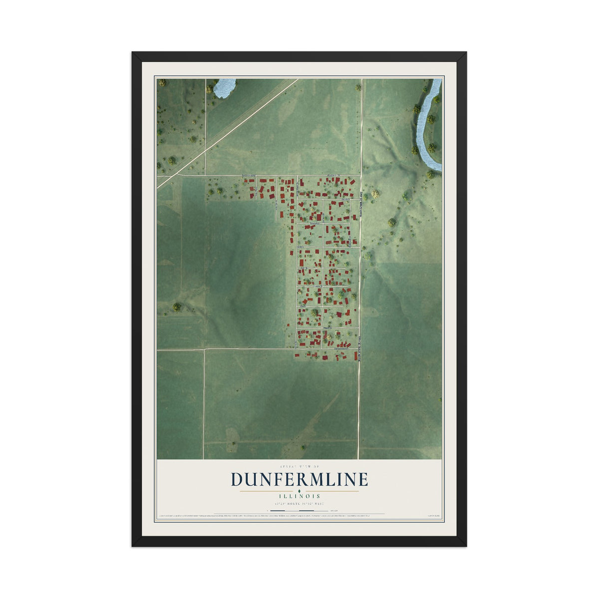 Map of Dunfermline, Illinois, 12 x 18 inch print in a black wood frame