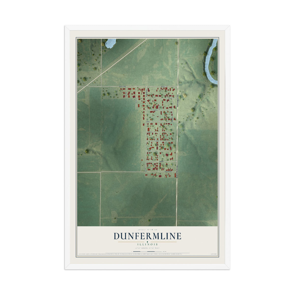 Map of Dunfermline, Illinois, 12 x 18 inch print in a white wood frame