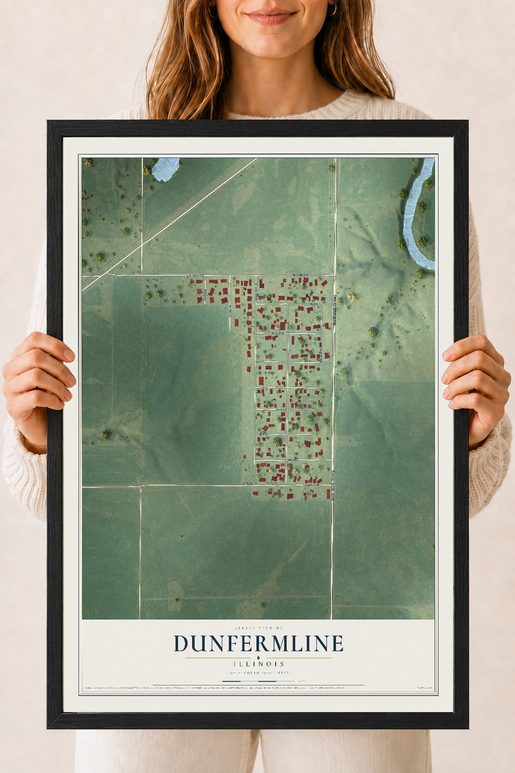 Map of Dunfermline, Illinois, 18 x 24 inch print in a black wood frame