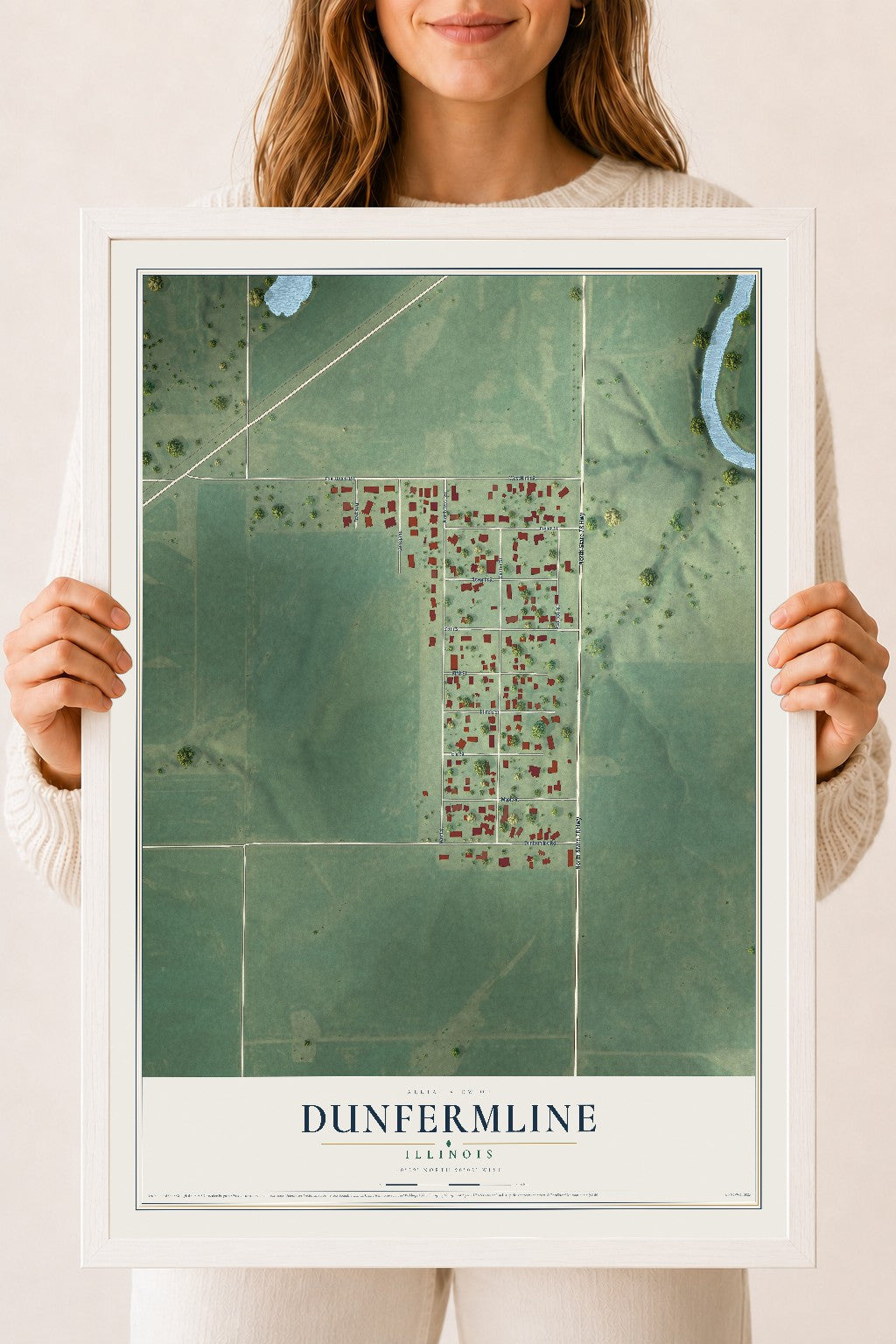 Map of Dunfermline, Illinois, 18 x 24 inch print in a white wood frame