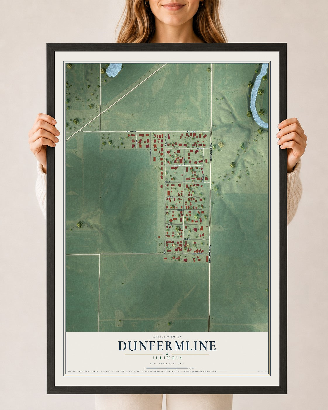 Map of Dunfermline, Illinois, 24 x 36 inch print in a black wood frame