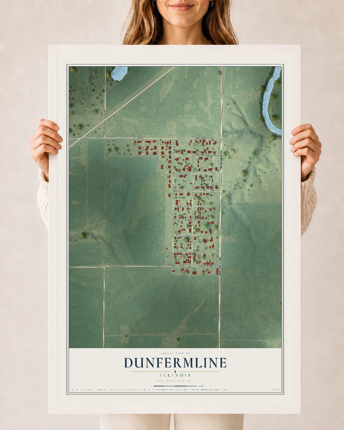 Map of Dunfermline, Illinois, 24 x 36 inch print in a white wood frame