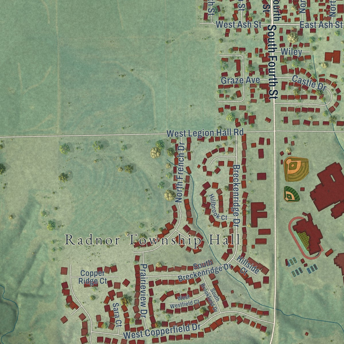 Close-up of the map of Dunlap, Illinois print showing street and building detail