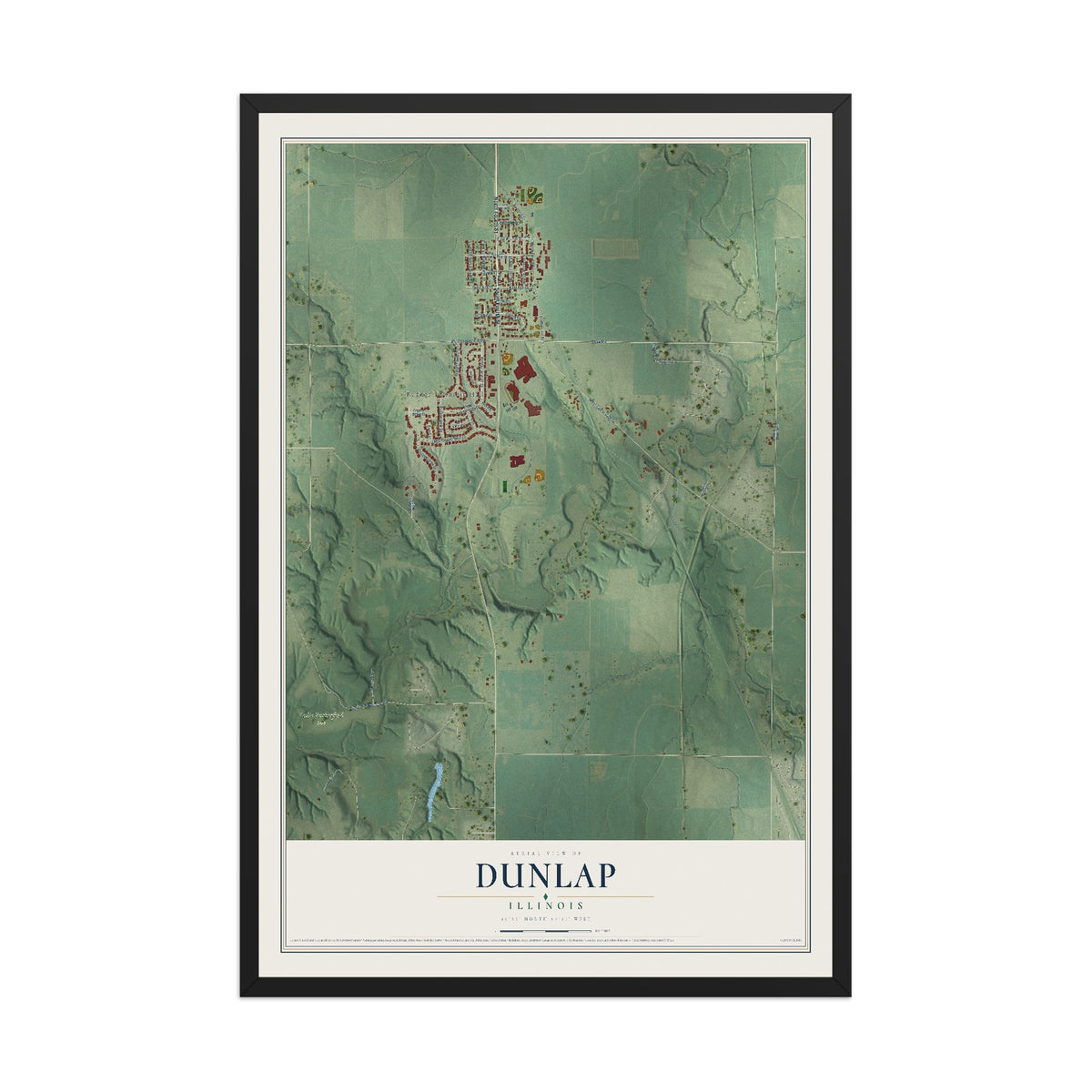 Map of Dunlap, Illinois, 12 x 18 inch print in a black wood frame