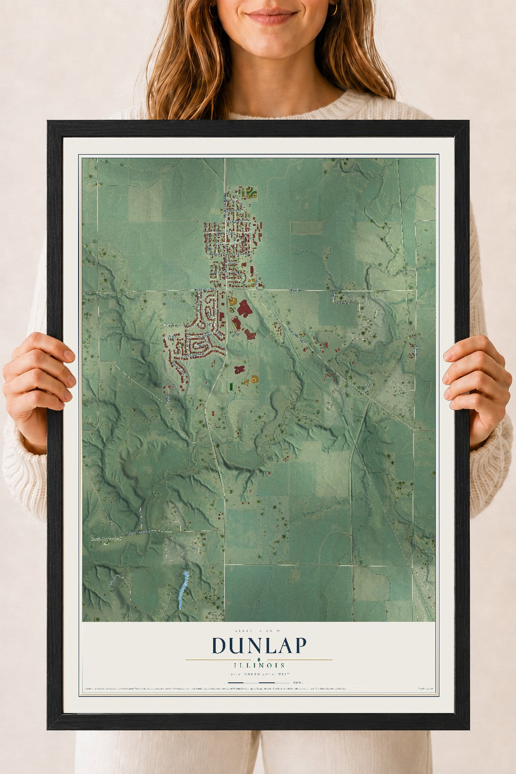 Map of Dunlap, Illinois, 18 x 24 inch print in a black wood frame