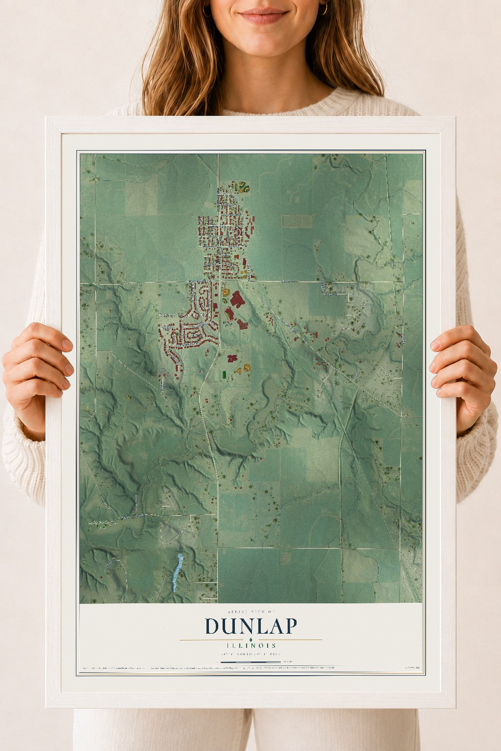 Map of Dunlap, Illinois, 18 x 24 inch print in a white wood frame