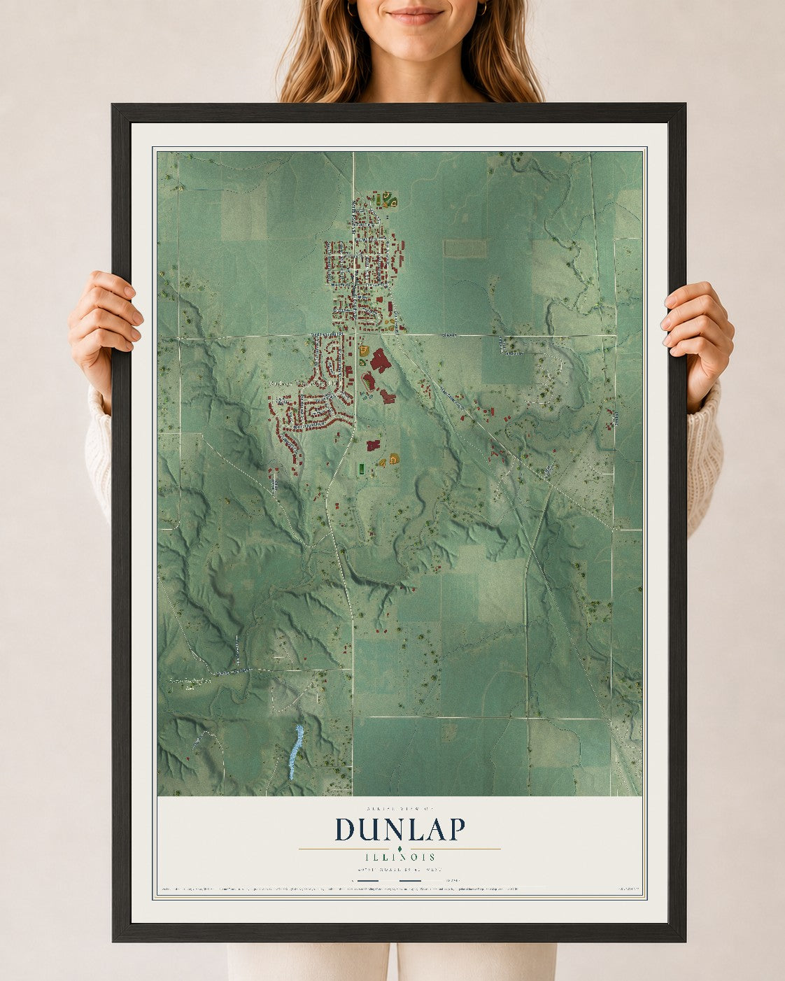 Map of Dunlap, Illinois, 24 x 36 inch print in a black wood frame