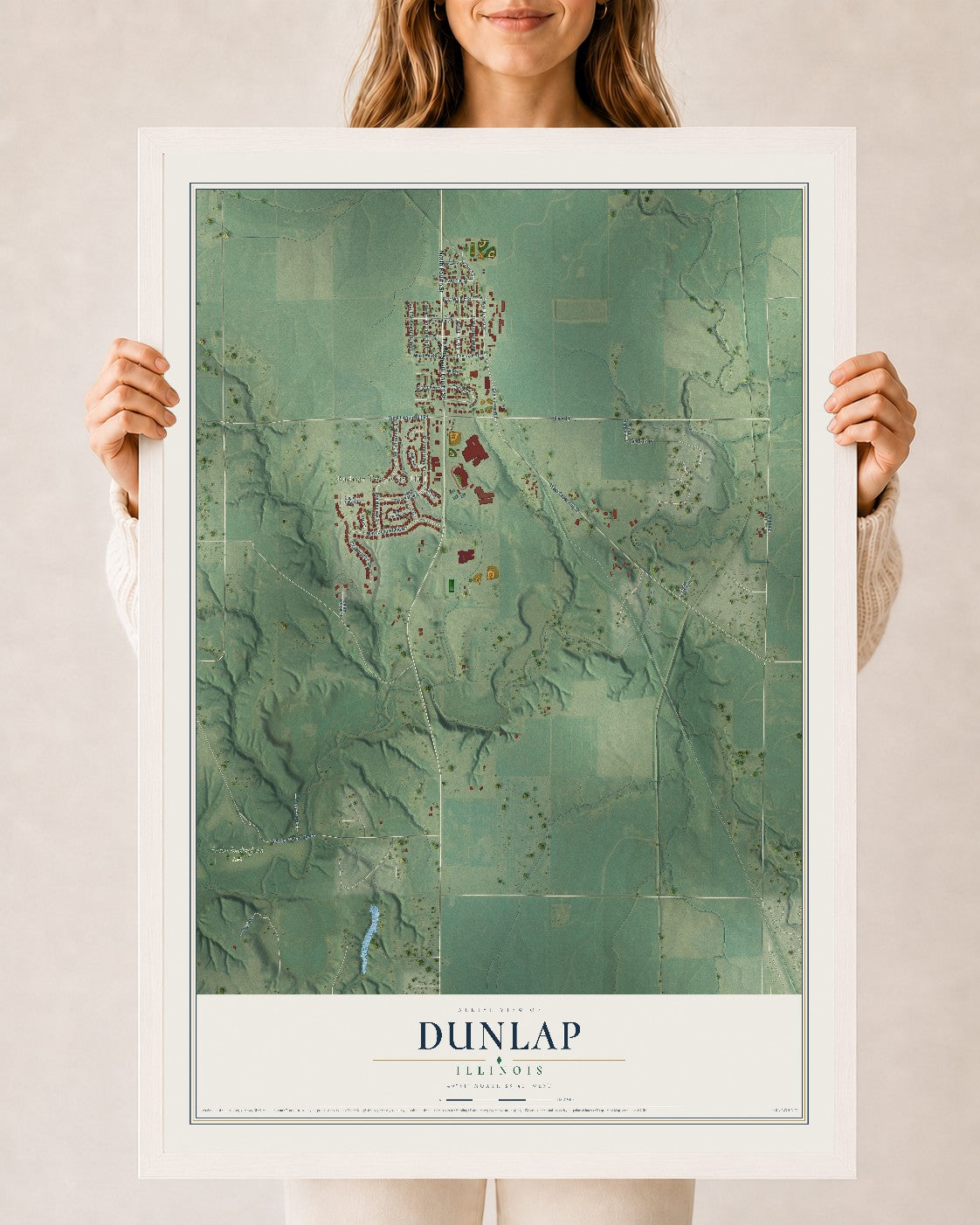 Map of Dunlap, Illinois, 24 x 36 inch print in a white wood frame