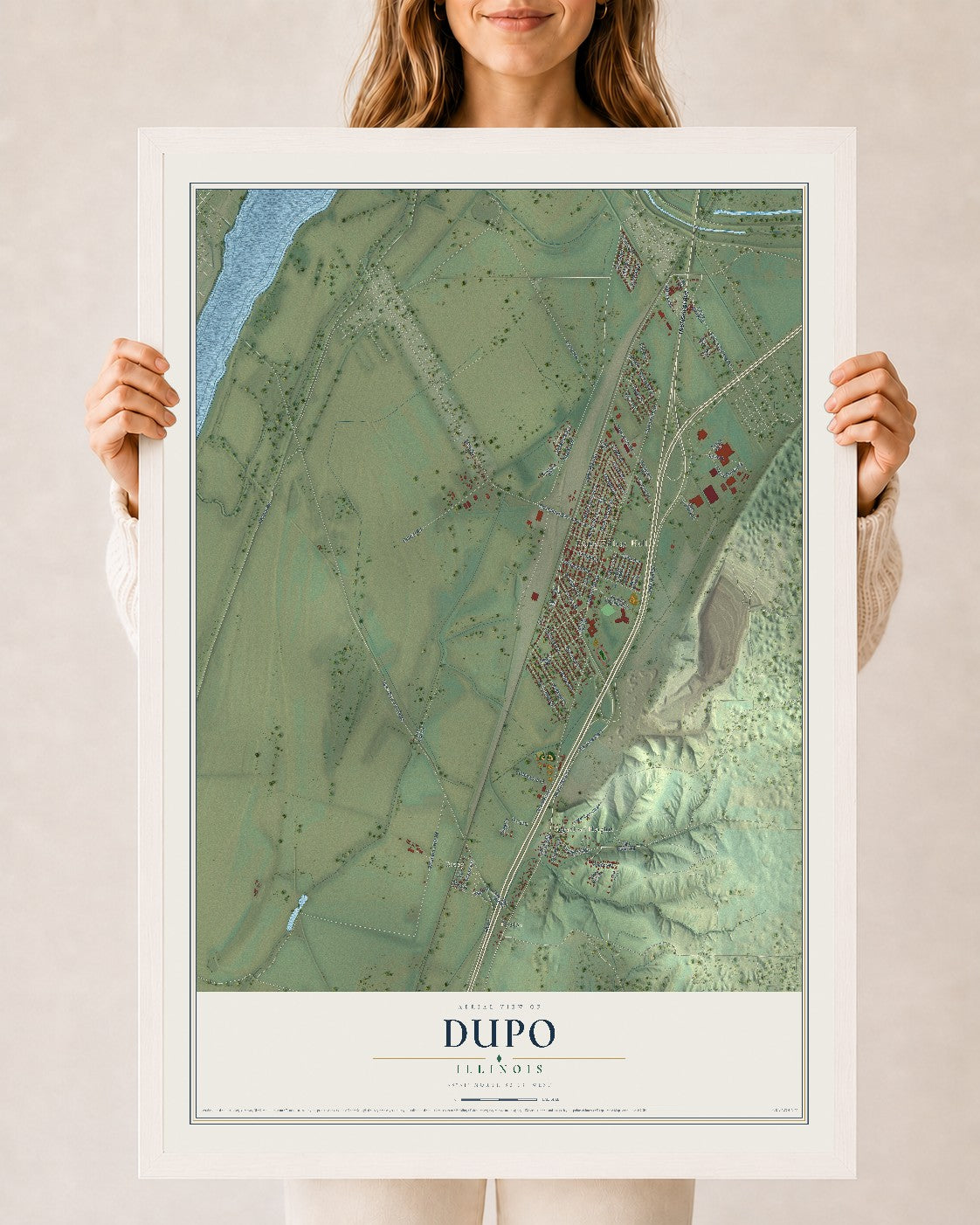Map of Dupo, Illinois, 24 x 36 inch print in a white wood frame