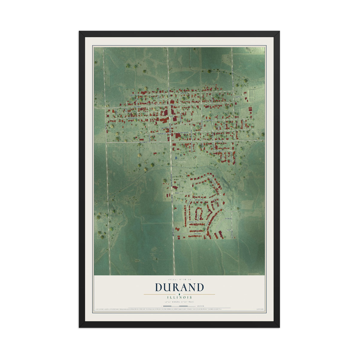 Map of Durand, Illinois, 12 x 18 inch print in a black wood frame
