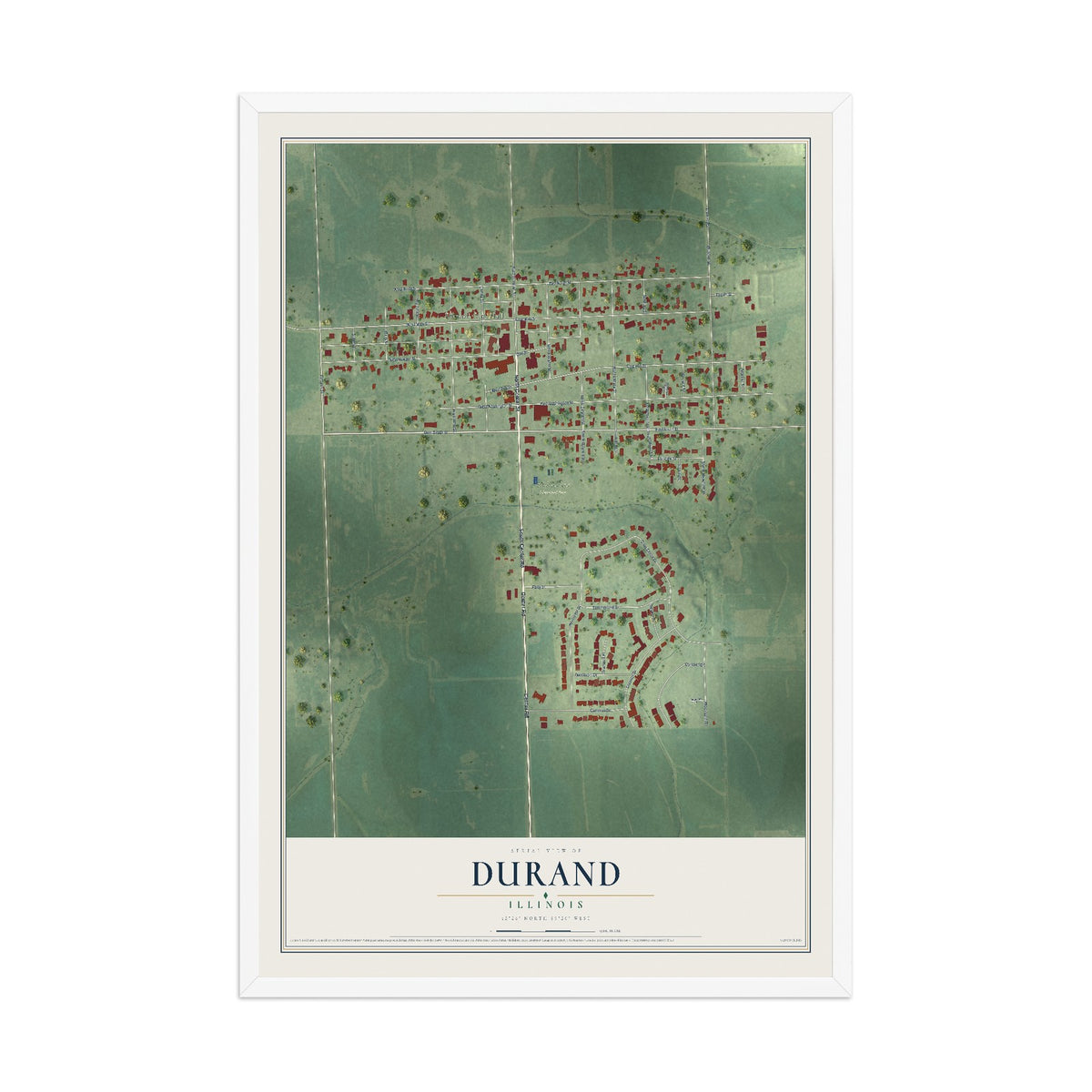Map of Durand, Illinois, 12 x 18 inch print in a white wood frame