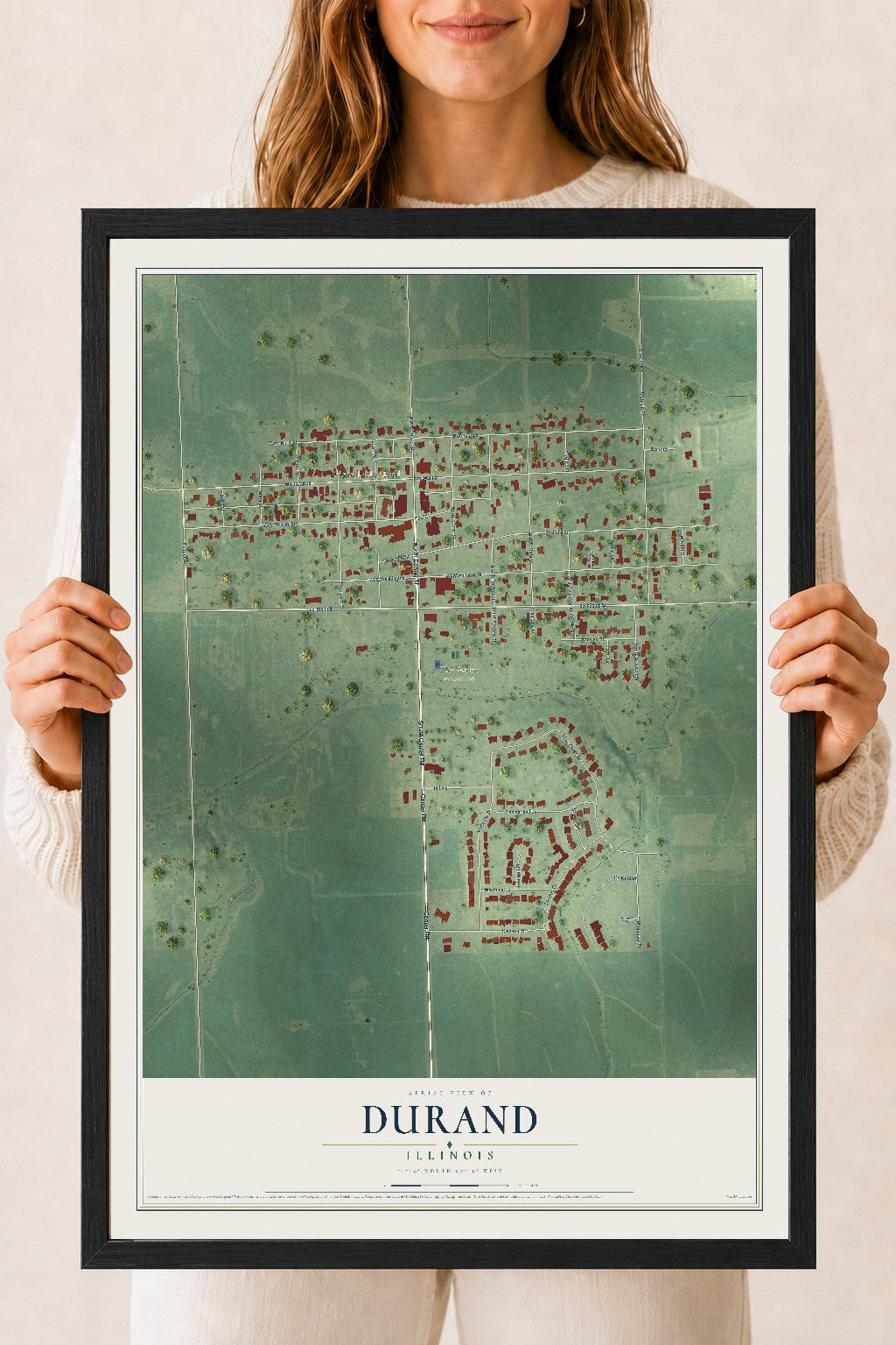 Map of Durand, Illinois, 18 x 24 inch print in a black wood frame