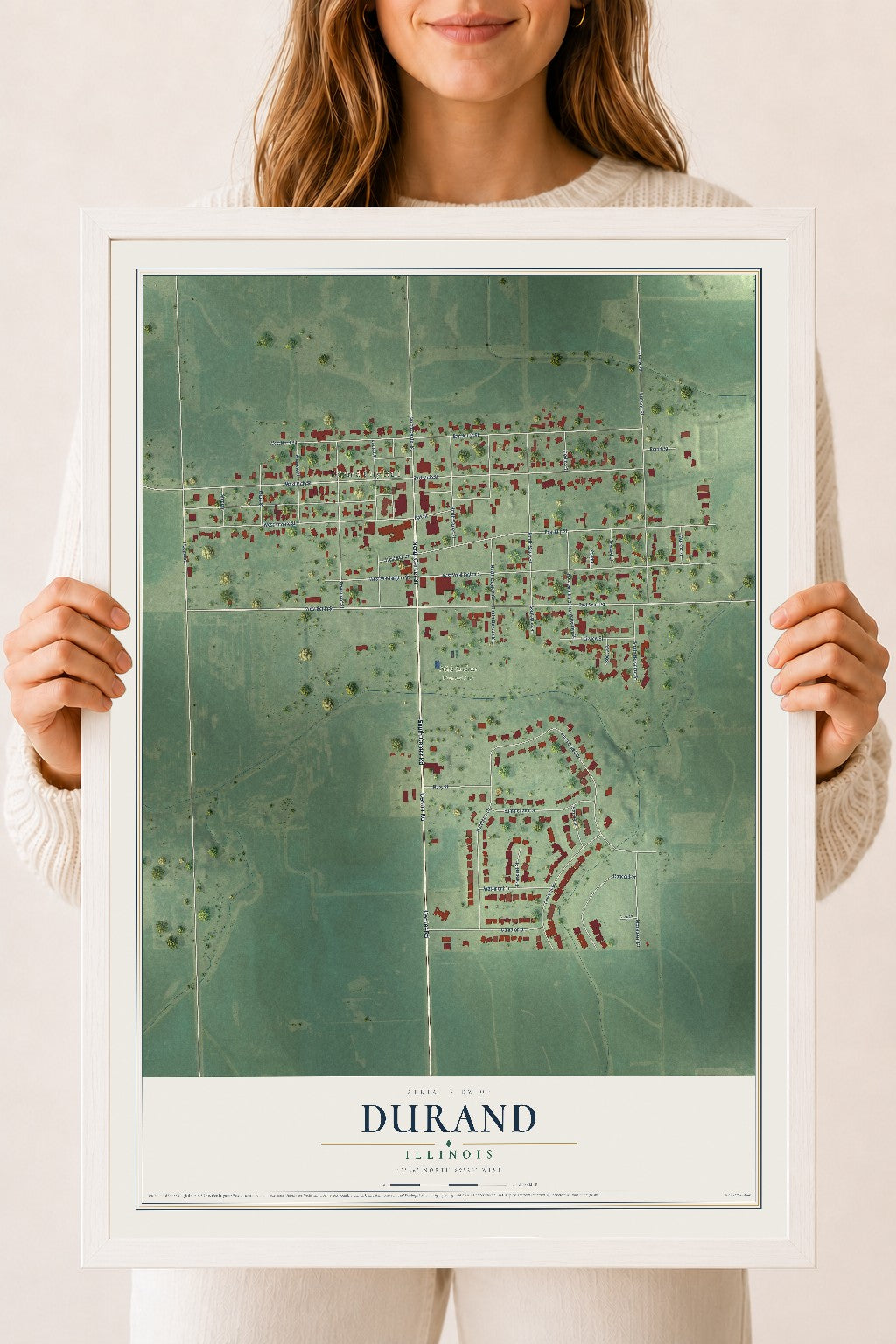 Map of Durand, Illinois, 18 x 24 inch print in a white wood frame