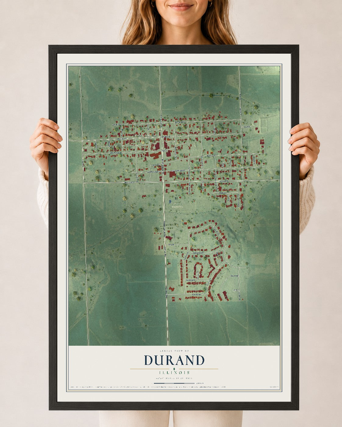 Map of Durand, Illinois, 24 x 36 inch print in a black wood frame
