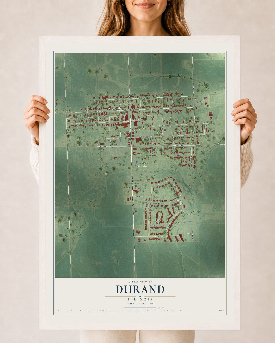 Map of Durand, Illinois, 24 x 36 inch print in a white wood frame