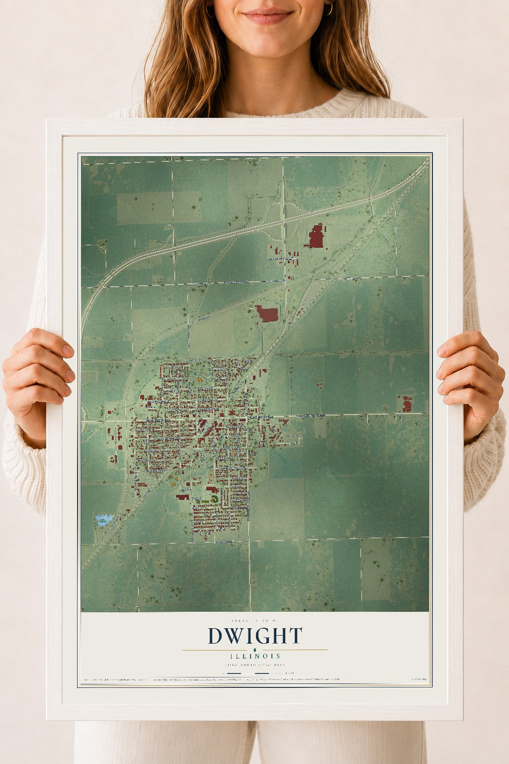 Map of Dwight, Illinois, 18 x 24 inch print in a white wood frame