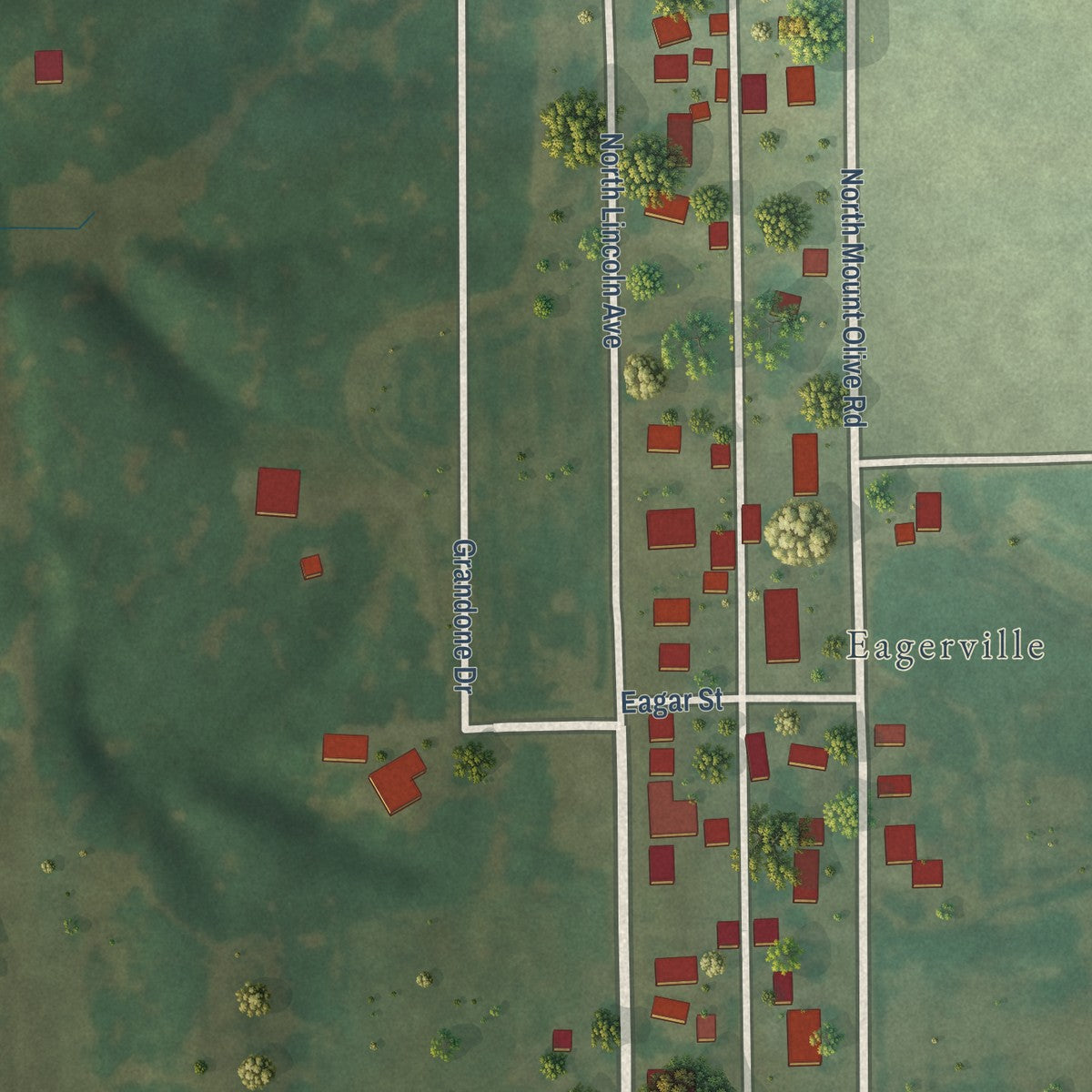 Close-up of the map of Eagarville, Illinois print showing street and building detail
