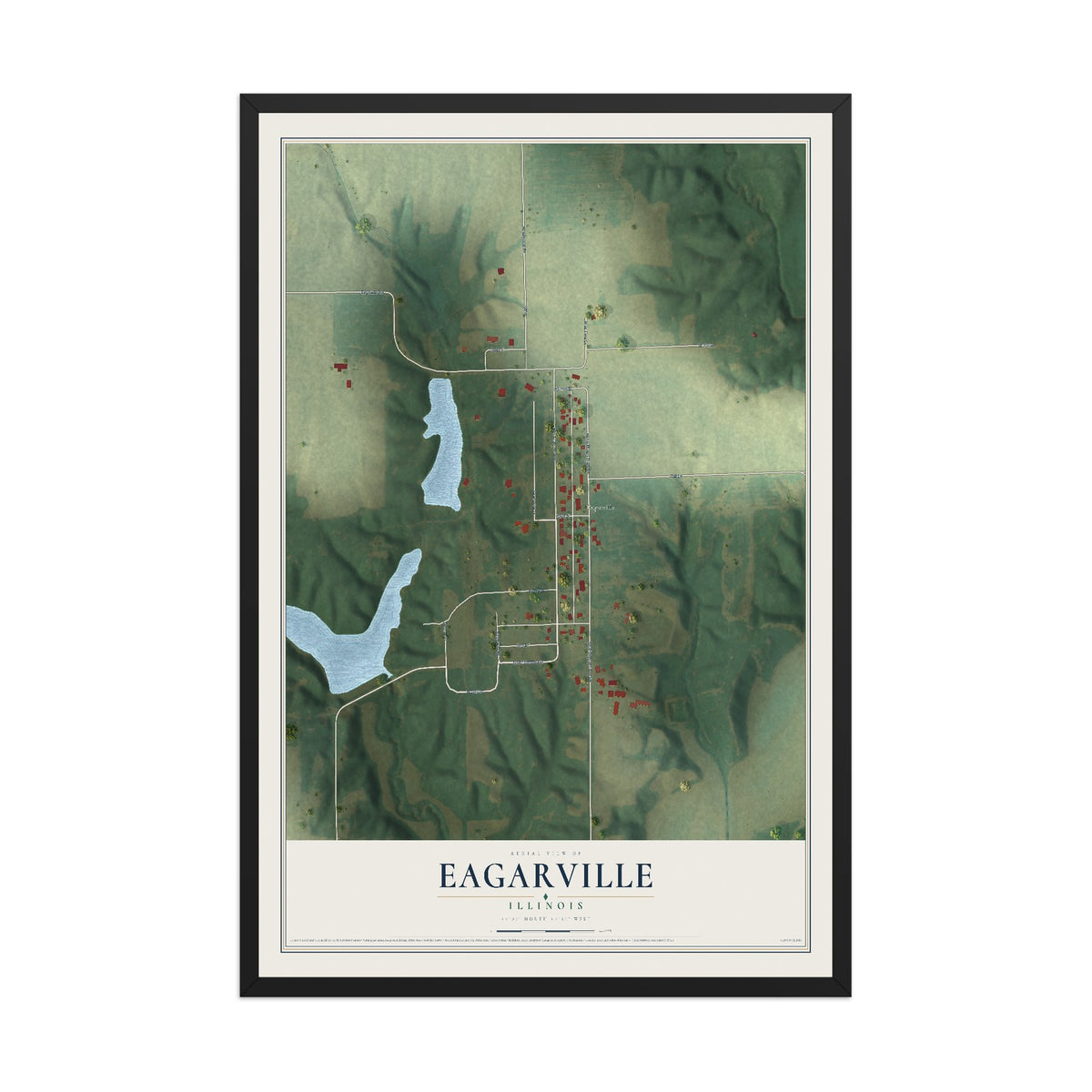 Map of Eagarville, Illinois, 12 x 18 inch print in a black wood frame