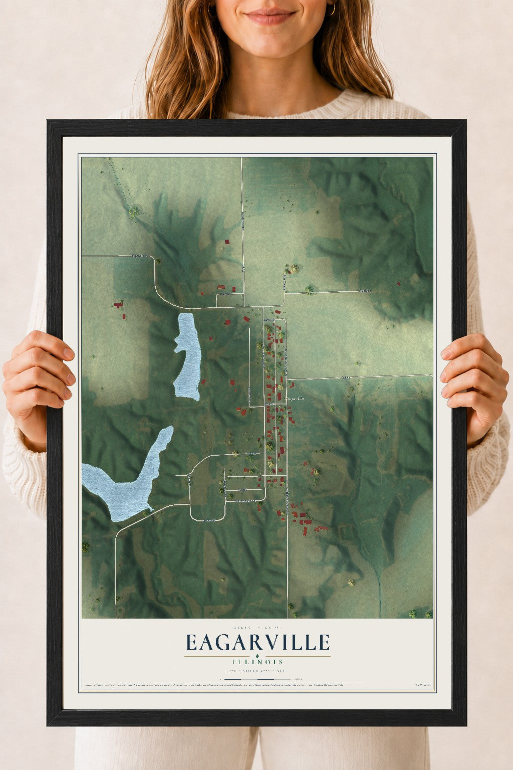 Map of Eagarville, Illinois, 18 x 24 inch print in a black wood frame