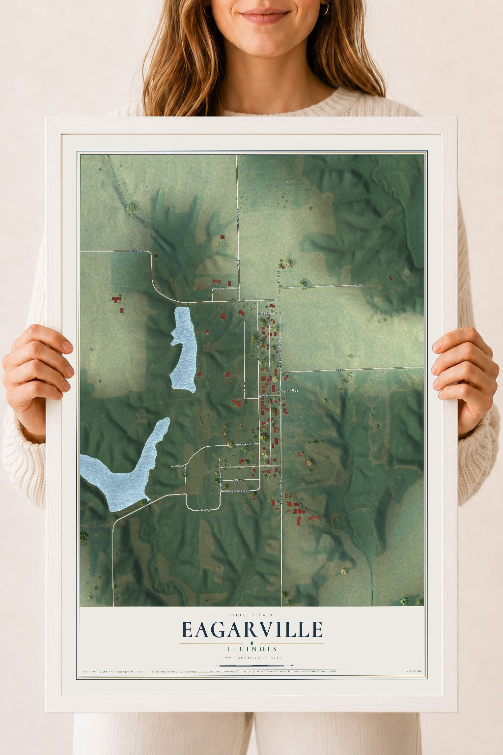 Map of Eagarville, Illinois, 18 x 24 inch print in a white wood frame