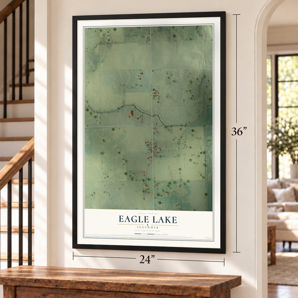 Eagle Lake, Illinois map, 24 x 36 inch print in a black frame by a staircase