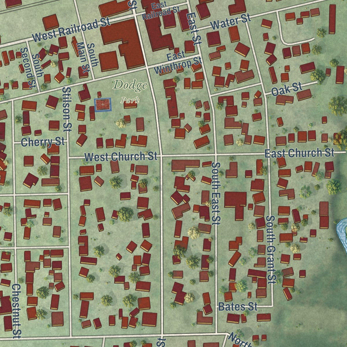 Close-up of the map of Earlville, Illinois print showing street and building detail