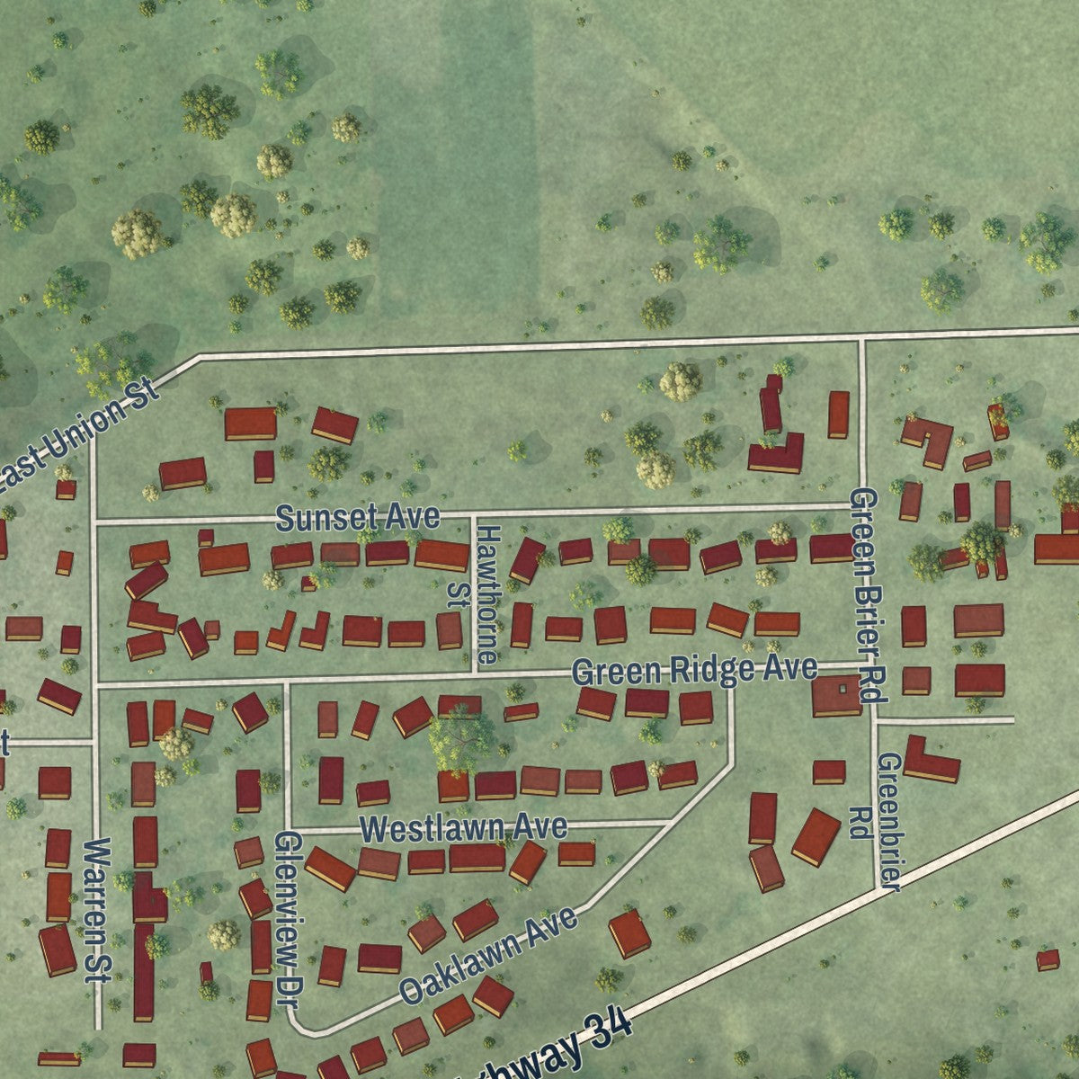 Second close-up of the map of Earlville, Illinois print showing more streets and buildings
