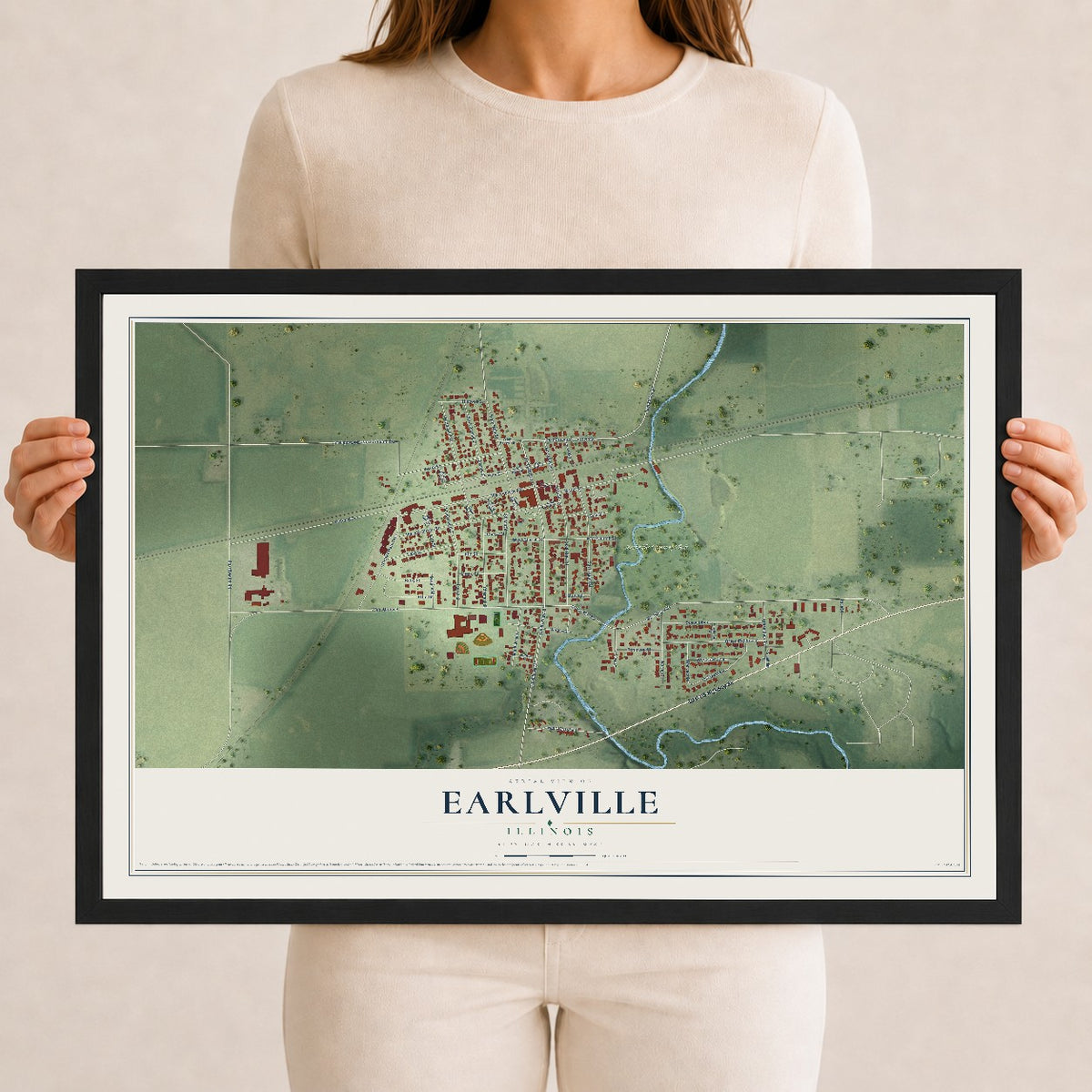 Map of Earlville, Illinois, 12 x 18 inch print in a black wood frame