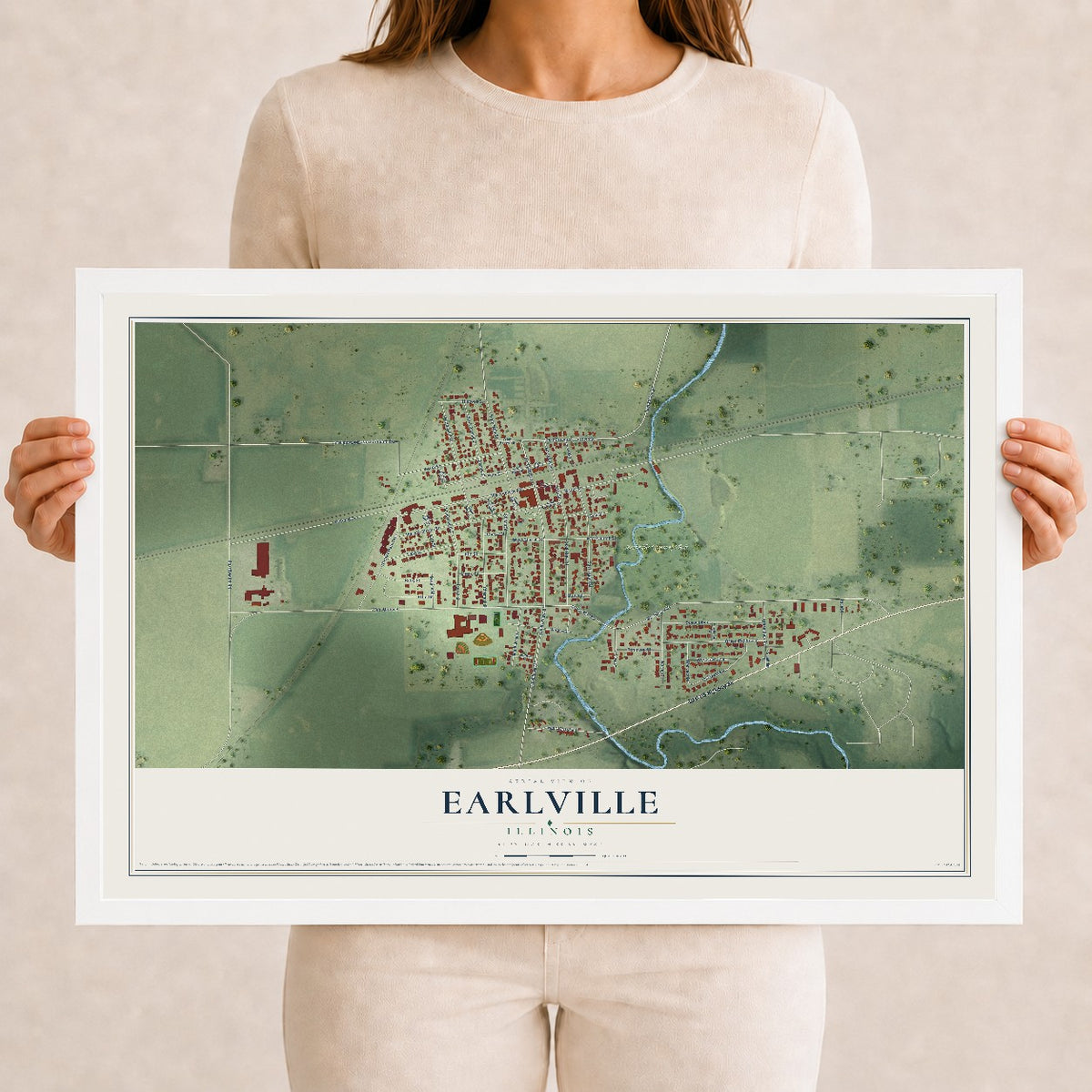 Map of Earlville, Illinois, 12 x 18 inch print in a white wood frame