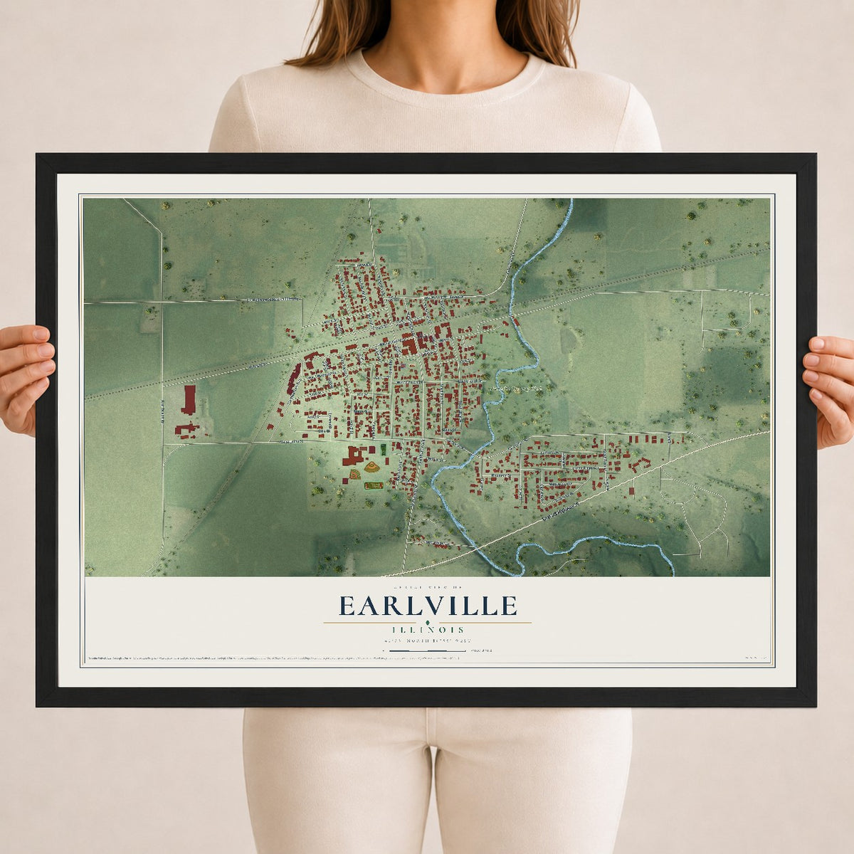 Map of Earlville, Illinois, 18 x 24 inch print in a black wood frame