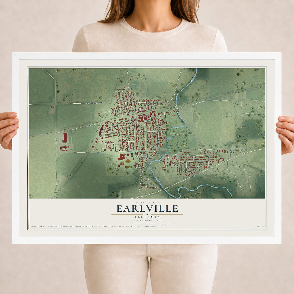 Map of Earlville, Illinois, 18 x 24 inch print in a white wood frame
