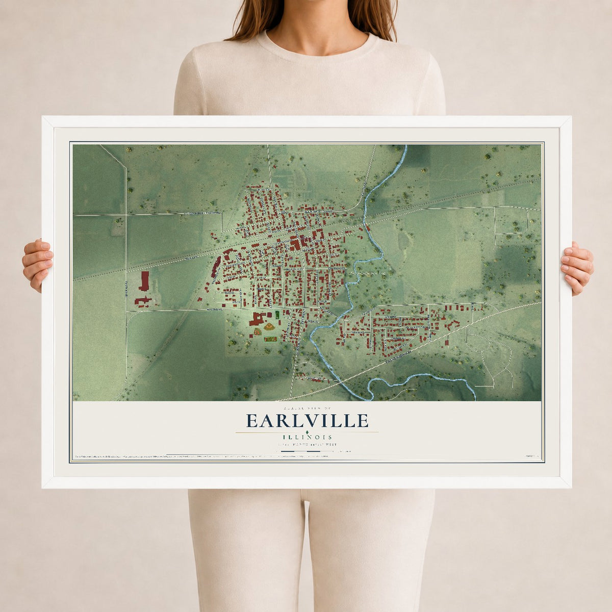 Map of Earlville, Illinois, 24 x 36 inch print in a white wood frame