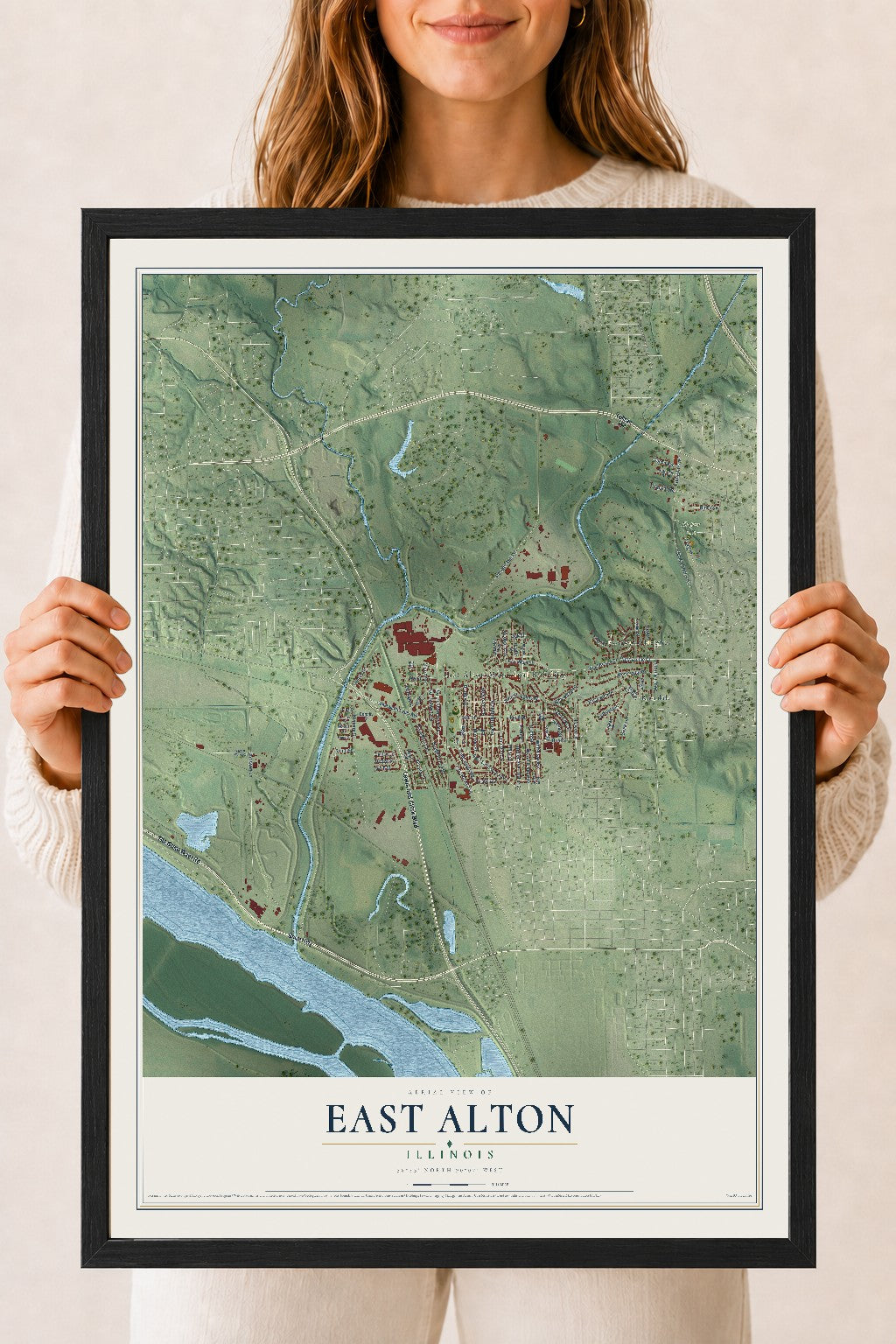 Map of East Alton, Illinois, 18 x 24 inch print in a black wood frame